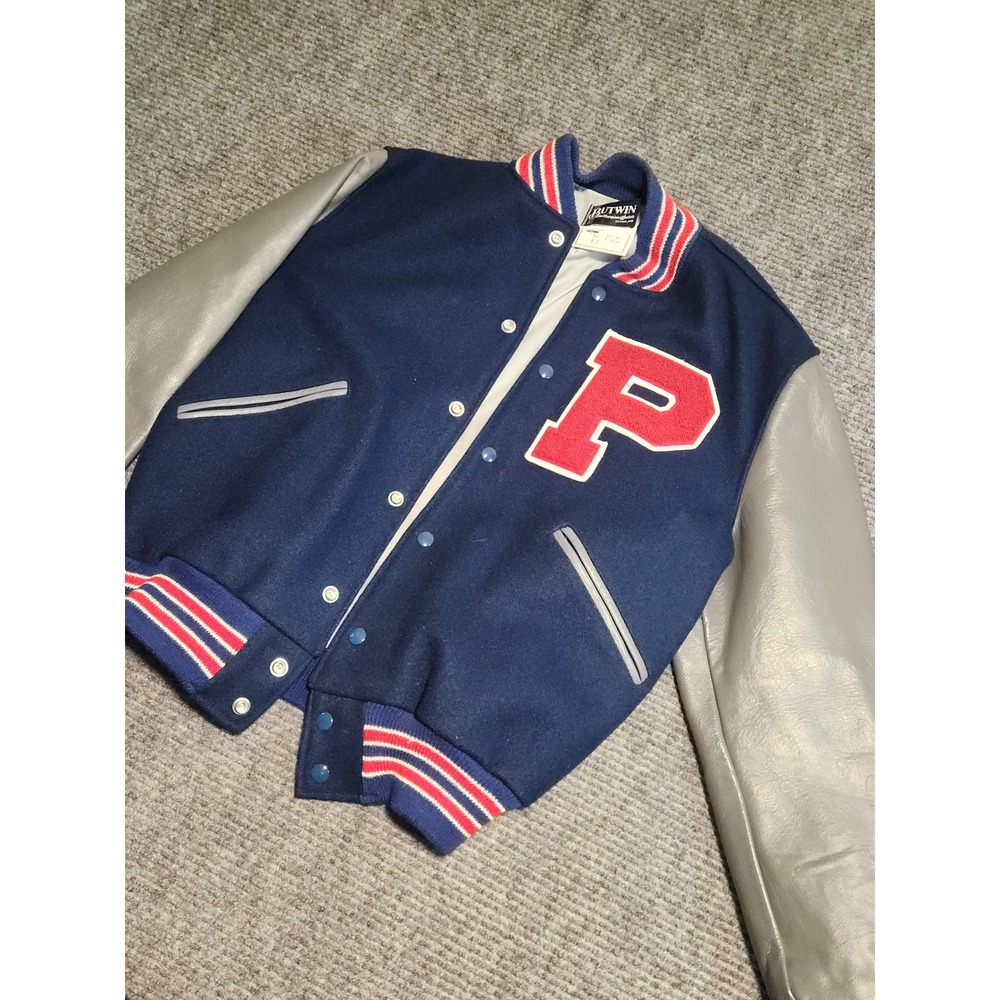 Vintage Butwin Varsity Jacket Mens 42 Navy Blue Wool Grey Leather Sleeves Letter